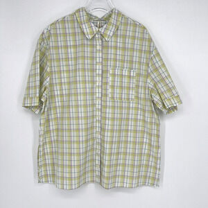 Anthropologie Button Up Blouse Women's L Green Plaid Collared‎ Short Sleeve